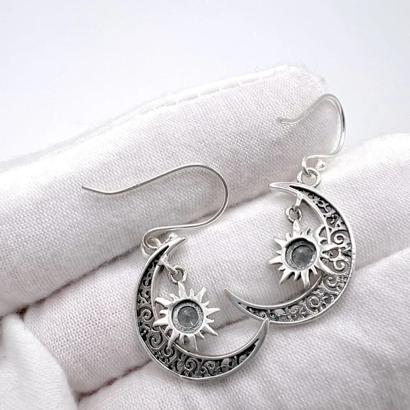 Genuine Blue Topaz .925 Sterling Silver Moon and Sun Earrings - Picture 11 of 14
